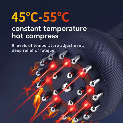 Close-up of a dark massage head with red heat-light effect and text reading &