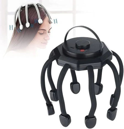 Person wearing a brain-computer interface device with a black stand on a white background