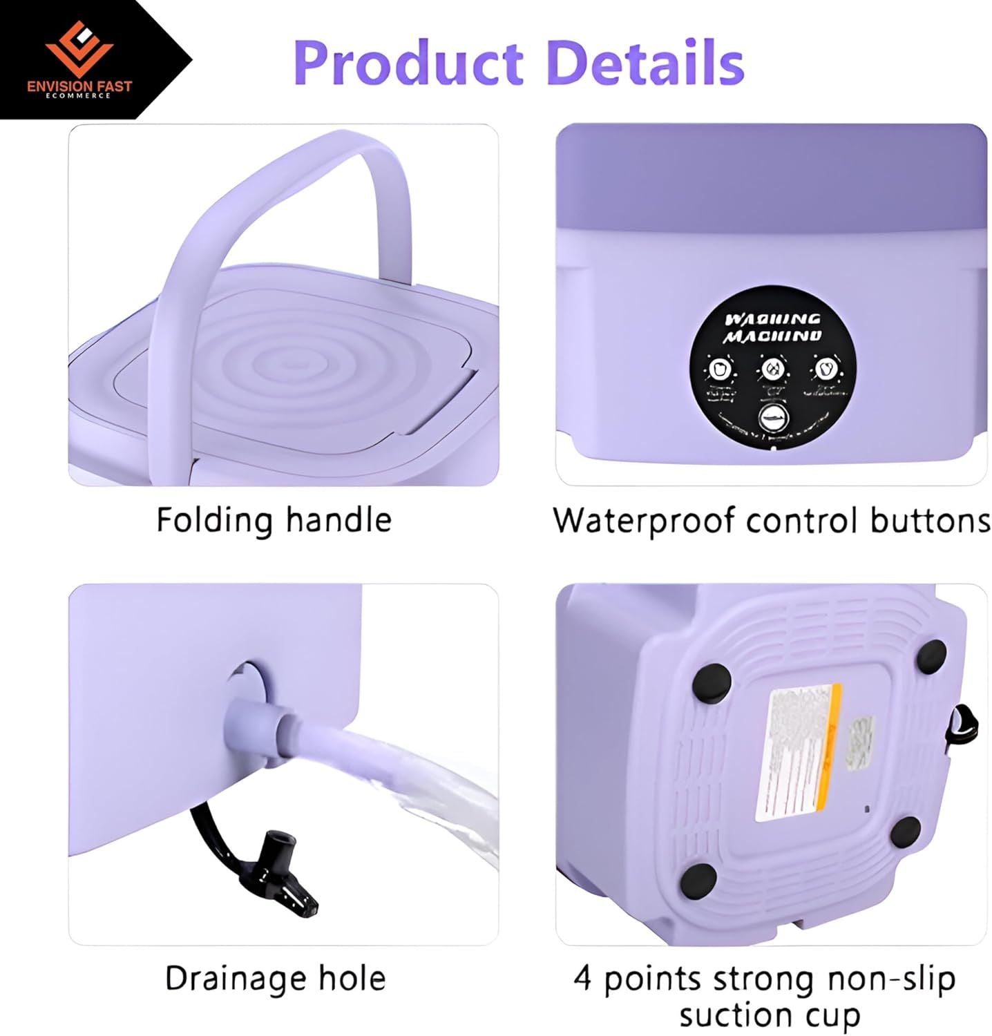 Product details of a purple washing machine with features like folding handle, waterproof control buttons, drainage hole, and strong non-slip suction cup.