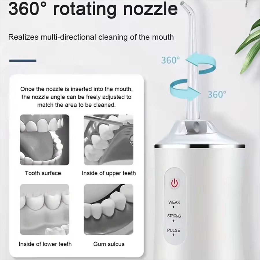 White dental cleaning device with 360-degree nozzle functionality on a light gray background.
