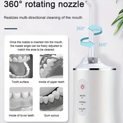 White dental cleaning device with 360-degree nozzle functionality on a light gray background.