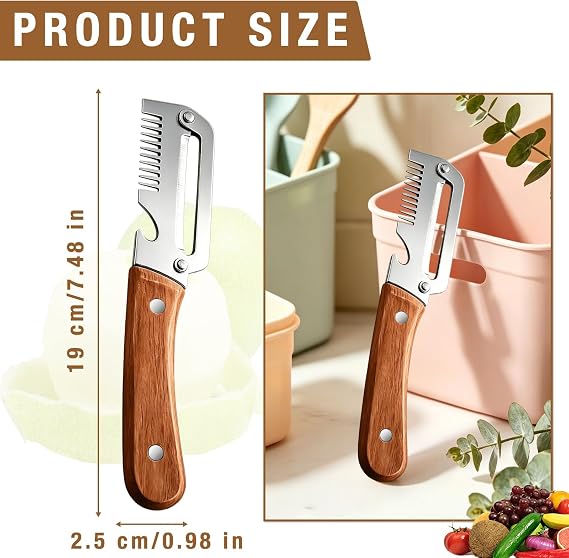 A peeler with a brown wooden handle and silver metal blade, shown with dimension labels reading 19 cm by 2.5 cm, plus a lifestyle inset on the right in a kitchen setting.