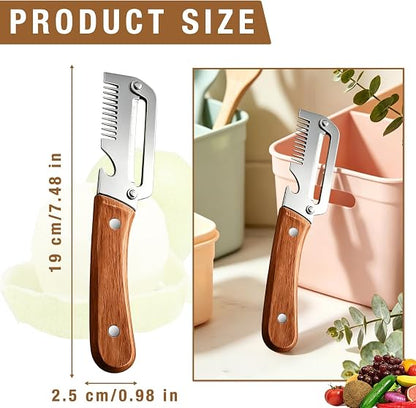 A peeler with a brown wooden handle and silver metal blade, shown with dimension labels reading 19 cm by 2.5 cm, plus a lifestyle inset on the right in a kitchen setting.
