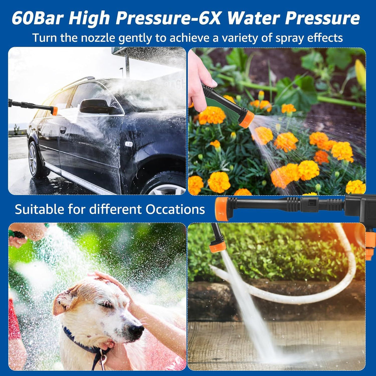 High pressure washer nozzle with various uses including car washing, gardening, and pet bathing.
