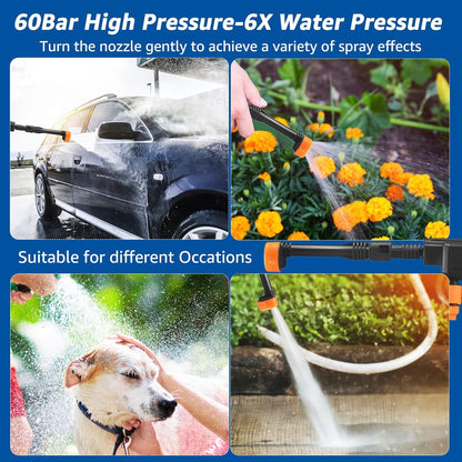 High pressure washer nozzle with various uses including car washing, gardening, and pet bathing.