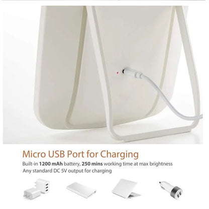 Close-up of a white electronic device showing a Micro USB charging port with a white cable plugged in, plus text reading &