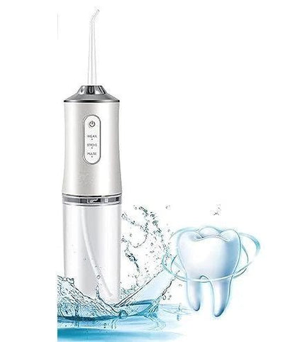 Portable water flosser with water splashes and a tooth graphic on a white background