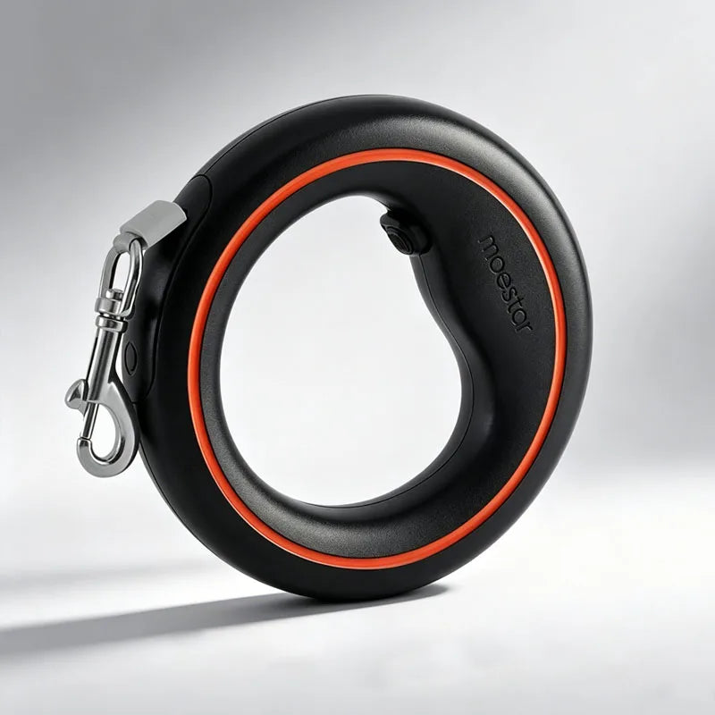 A black retractable dog leash with a bright orange accent ring and a silver metal clasp, shown on a light gray studio background. The brand name &