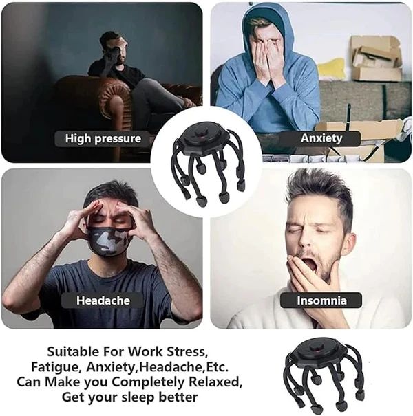 Black spider-like device with text labels on a collage of people experiencing stress and sleep issues.