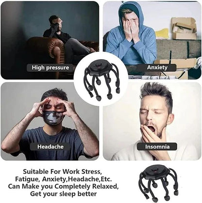 Black spider-like device with text labels on a collage of people experiencing stress and sleep issues.