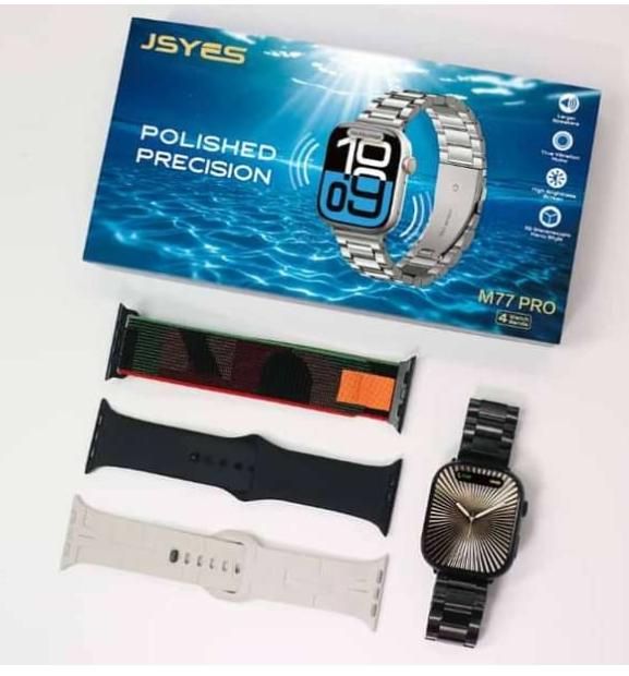 Smartwatch with interchangeable bands and packaging on a white background