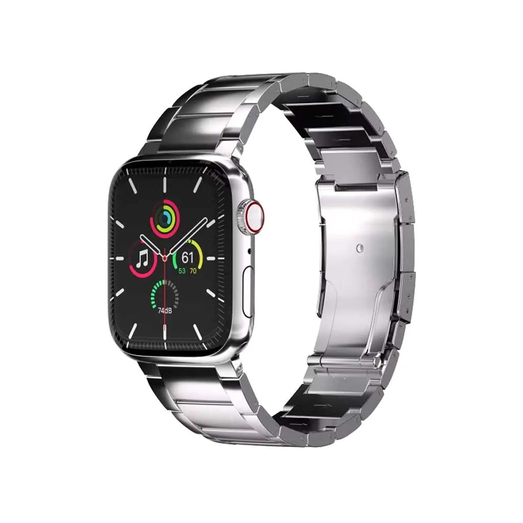 A silver stainless steel link band watch strap attached to a smartwatch with a black rectangular display, shown on a plain white background.