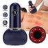 Blue massage device with digital display, cupping attachment, and close-up of use on skin.