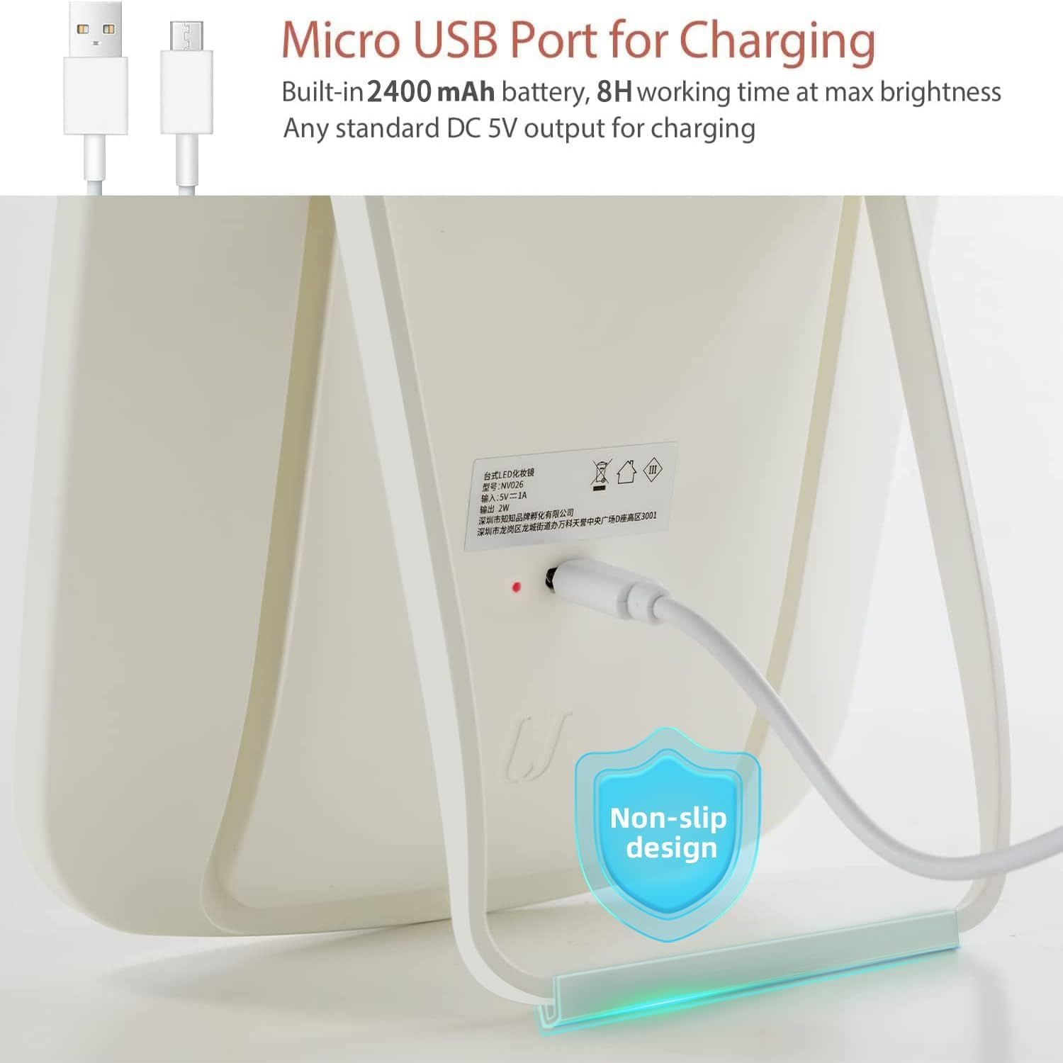 Product with micro USB port for charging, 2400mAh battery, and non-slip design on a white background.