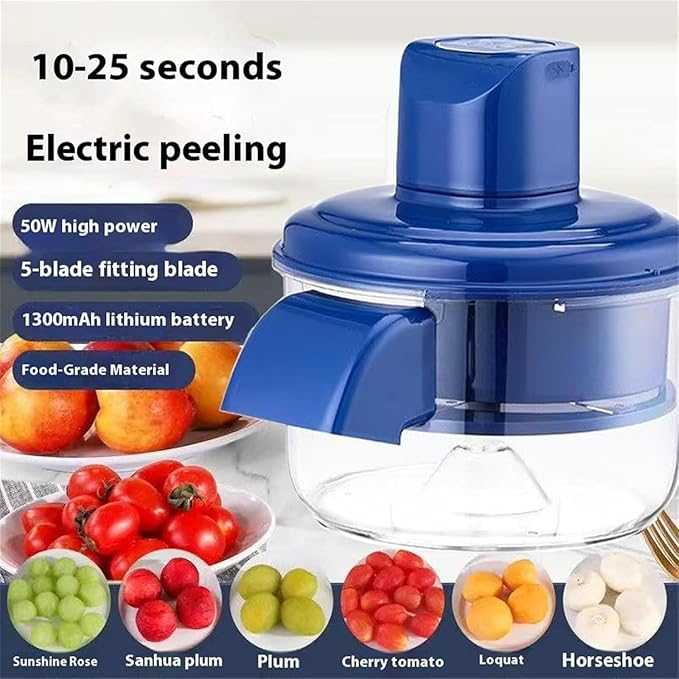 Blue electric peeler with features listed and images of peeled fruits and vegetables.