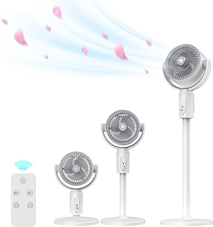 Set of three standing fans with remote control on a white background