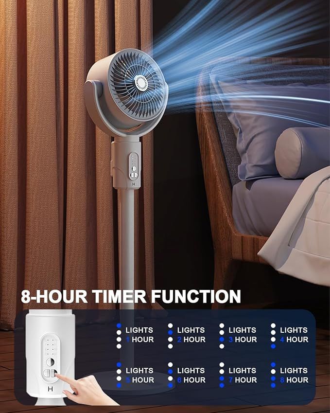 Portable fan with 8-hour timer function displayed in a bedroom setting