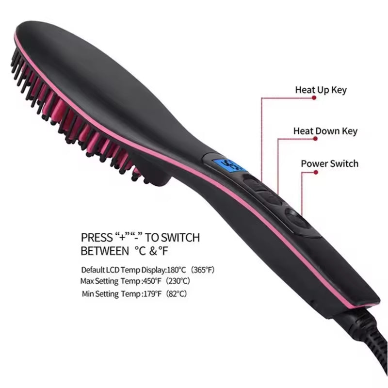 Black and pink flat iron hair straightener with a digital temperature display, shown with labeled controls and text instructions on a white background.