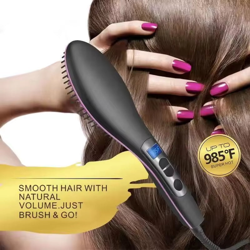 A black and purple heated hair straightener brush is shown being used on a person&