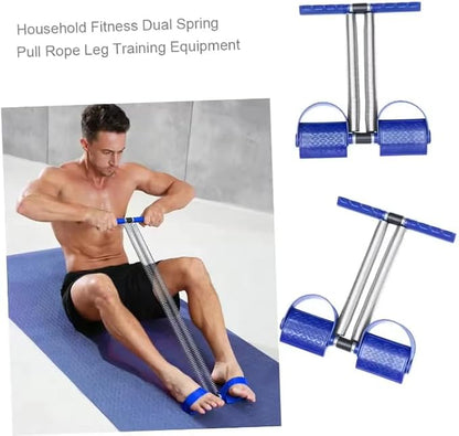 A dual spring pull rope leg training device shown both in use by a shirtless man on a blue mat and as a standalone product on a white background. Text at the top reads &