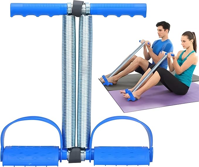 Blue abdominal exercise roller with dual springs and foot handles, shown in a front view and also being used by a man and woman on a purple yoga mat.