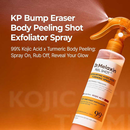 Dr. Melanxin KP Bump Eraser Body Peeling Shot Exfoliator Spray on an orange background