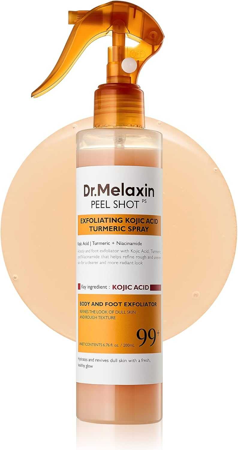 Dr. Melaxin Peel Shot Turmeric Spray in a clear spray bottle with an amber trigger sprayer, shown against a white background with a large peach circular graphic behind it.