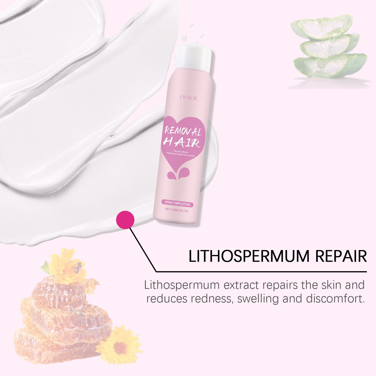 Product with lithospermum extract repair text and images on a white background
