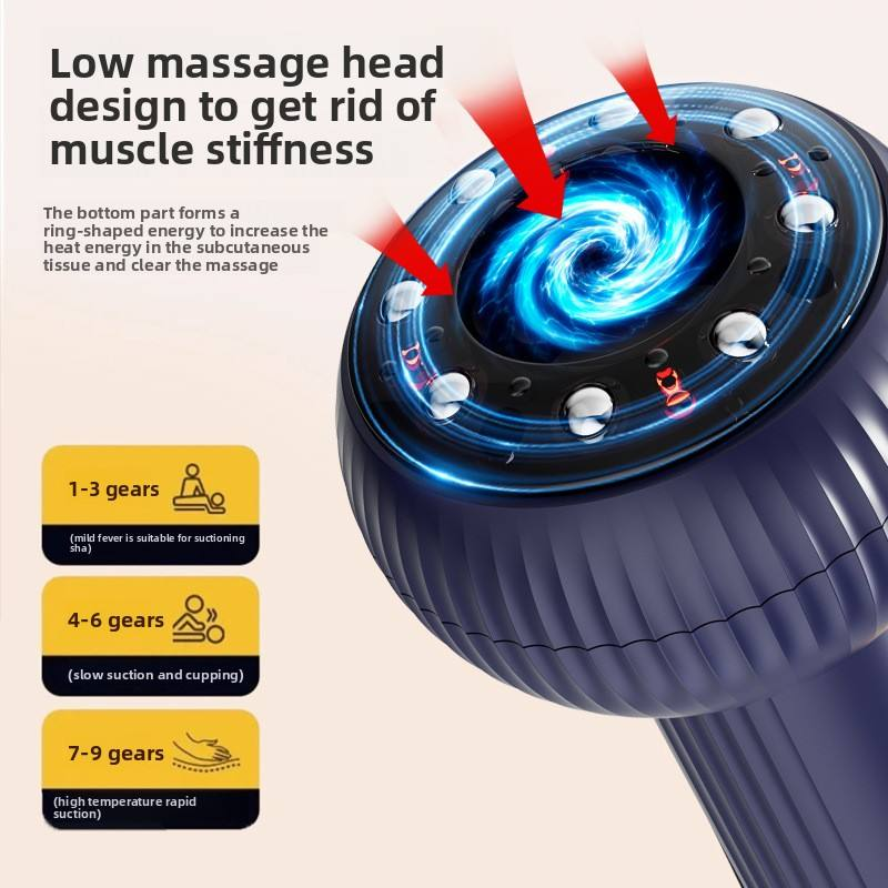 An electric neck massage device shown on a dark background with marketing text and feature callouts. The product is dark blue with a glowing blue interior and red arrows pointing to the massage head.