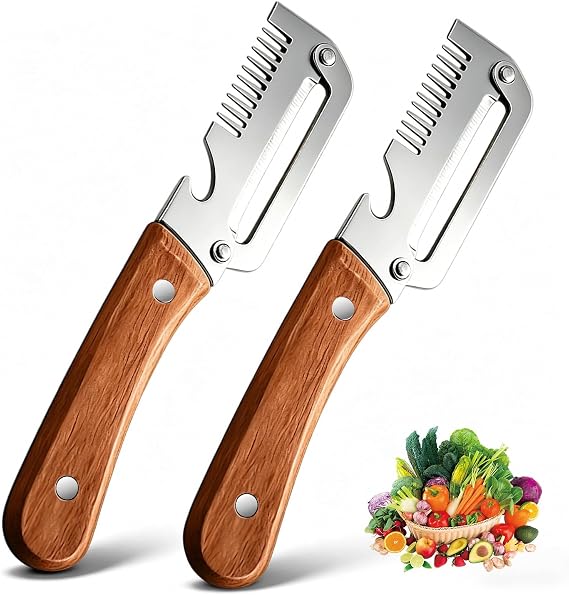 Two vegetable peeler and coring tools with brown wooden handles and silver stainless steel blades, shown on a white background with a small colorful produce illustration in the lower right corner.