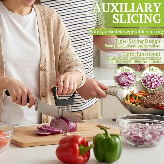 A person using a vegetable slicer with a knife on a cutting board, slicing a red onion. The scene includes promotional text reading &