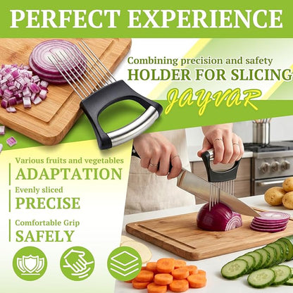 Knife holder being used to slice vegetables with text highlighting features on a green background
