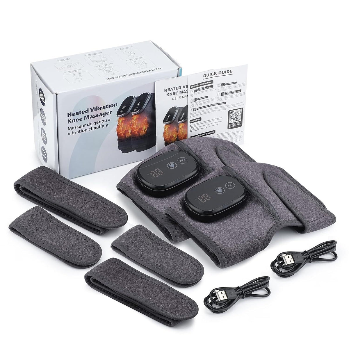 Heated vibration knee massager with packaging and accessories on a white background