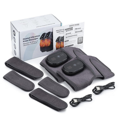 Heated vibration knee massager with packaging and accessories on a white background