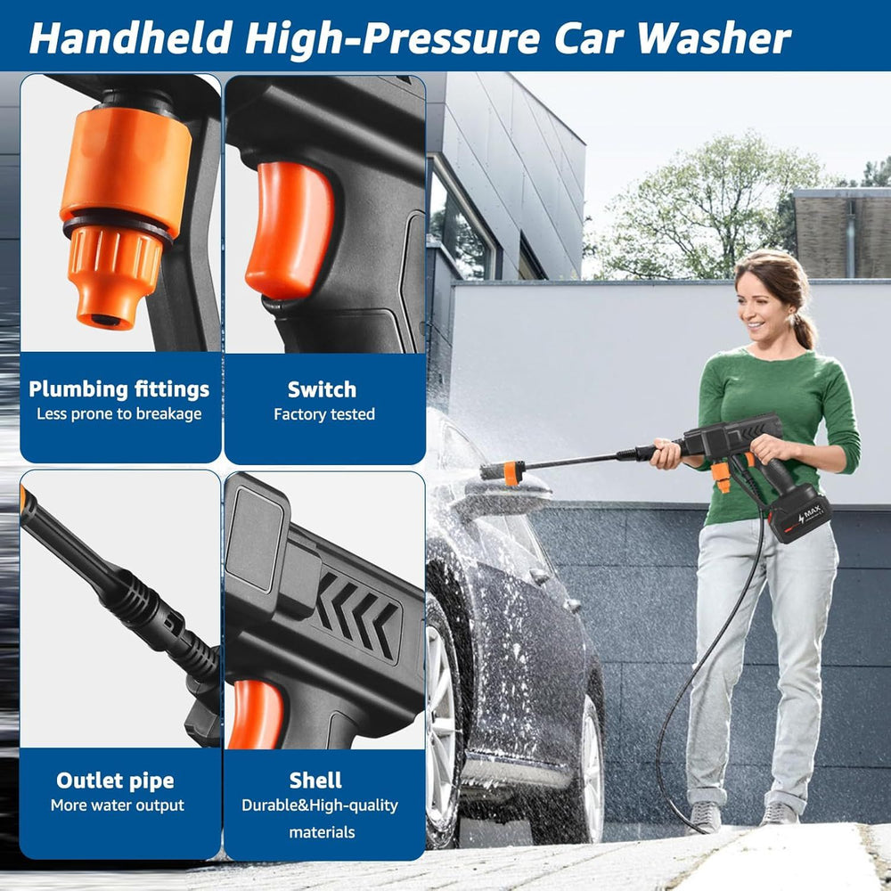 Handheld high-pressure car washer with features highlighted and a person using it to wash a car.