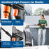 Handheld high-pressure car washer with features highlighted and a person using it to wash a car.