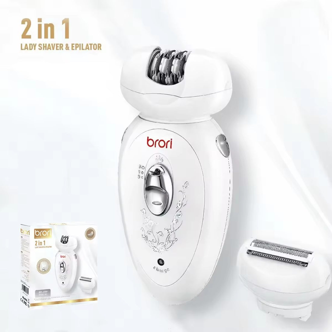 A white Brori 2-in-1 lady shaver and epilator shown on a clean white background, with the main device centered, a separate shaving head to the right, and a small product box in the lower left. Text in the upper left reads &
