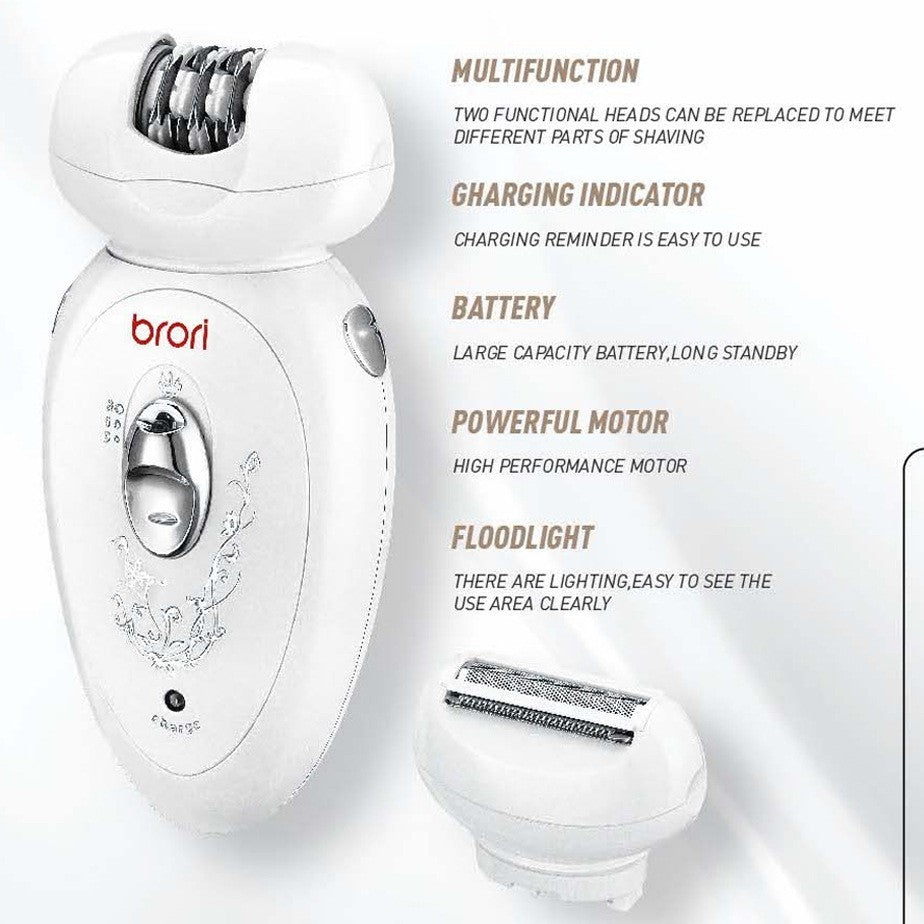 A white Brori electric shaver shown on a light background with feature callouts in text, including multifunction, charging indicator, battery, powerful motor, and floodlight. A second shaving head is shown separately at the lower right.